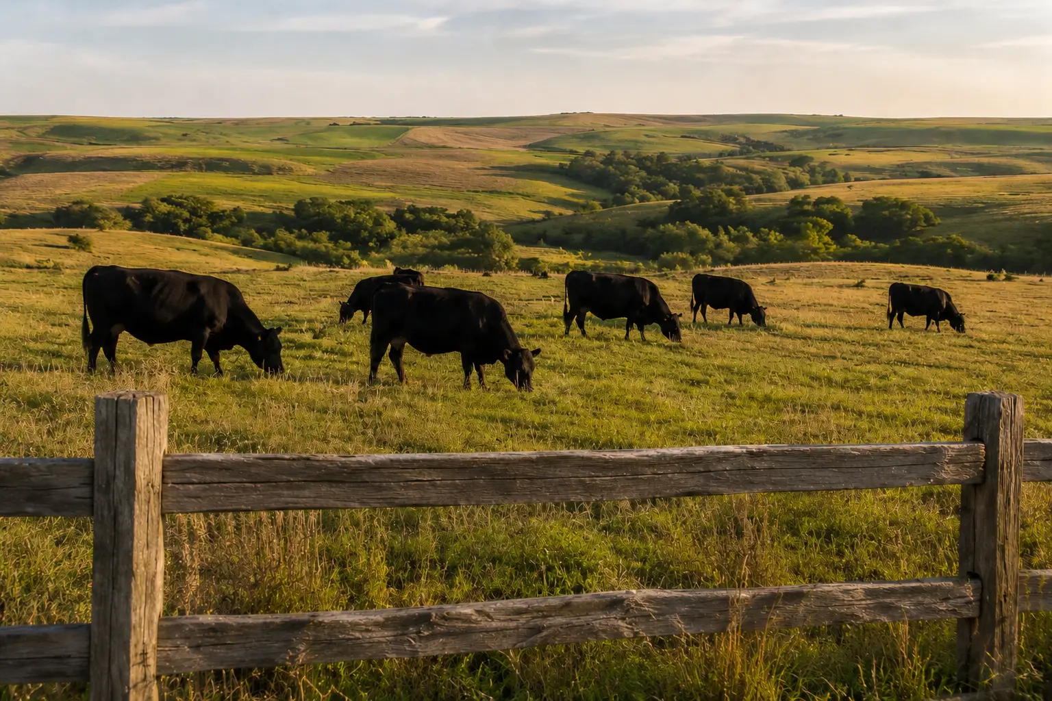 Cows grazing in a sunlit pasture