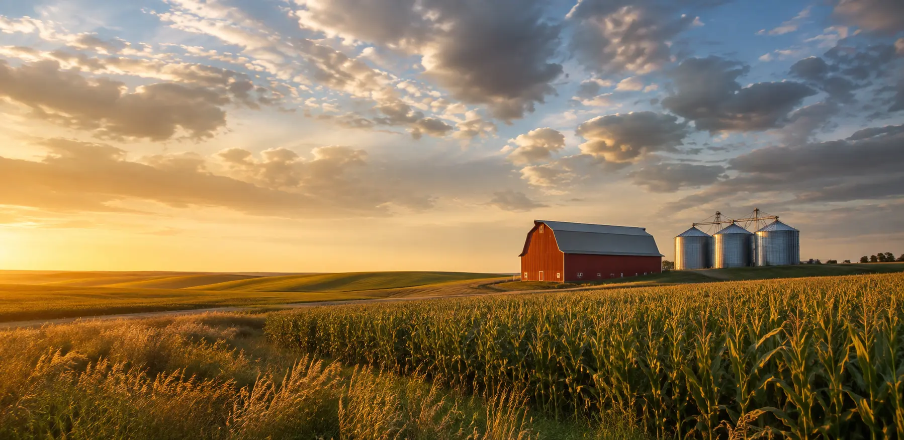 Farm buildings surrounded by cornfields at golden hour