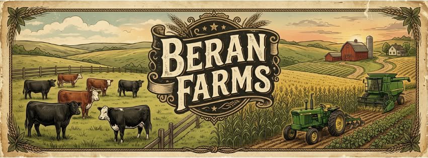 Illustrated Beran Farms banner with cattle, fields, tractor, and Nebraska farm landscape